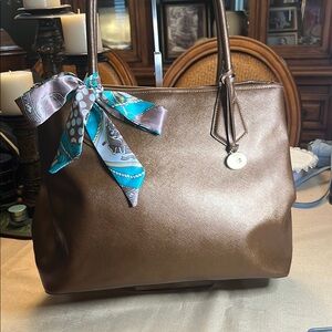 Brahmin Saffiano Leather Tote Bag in Bronze Metallic with Scarf Accent